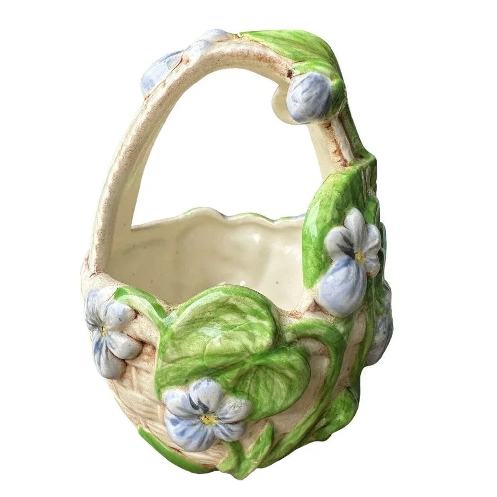 Vintage Artisan‎ Easter Spring Basket 5.5 Inch Ceramic Blue Flowers Green Leaves
